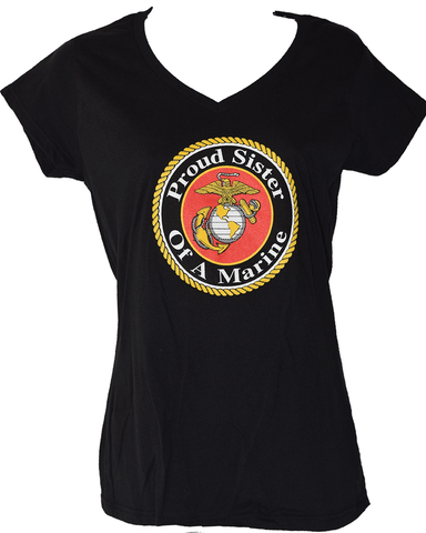 Ladies Proud Sister Of A Marine V-Neck T-Shirt - Black