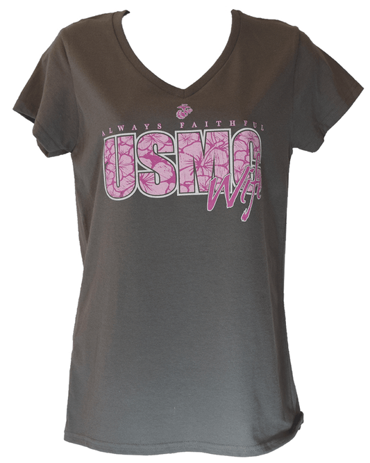 Ladies USMC Wife V-Neck T-Shirt - Charcoal Grey