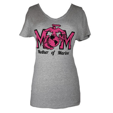 Ladies Mom of Marine V-Neck T-Shirt - Grey with Pink