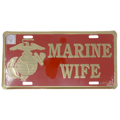 Marine Wife  License Plate with Gold EGA Emblem on Red Metal
